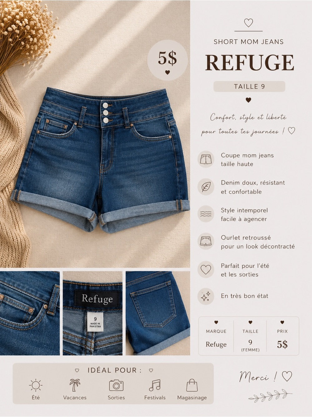 Refuge Women's Dark Blue High-Rise Rolled Hem Denim Shorts
